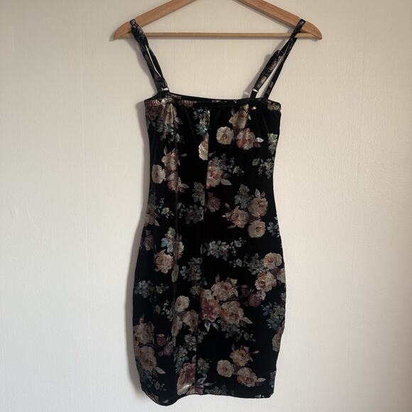 Rue 21 Y2K Black Velvet Metallic Floral Fairy Whimsygoth Bodycon Mini Dress S - Picture 3 of 7